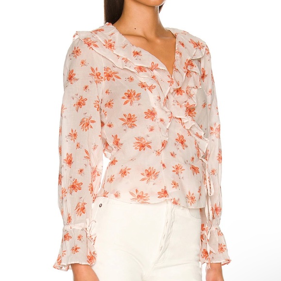 Free People NWT Floral Romantic Cottage Core Orange/White Ruffle Wrap Top XS/S - Picture 11 of 16